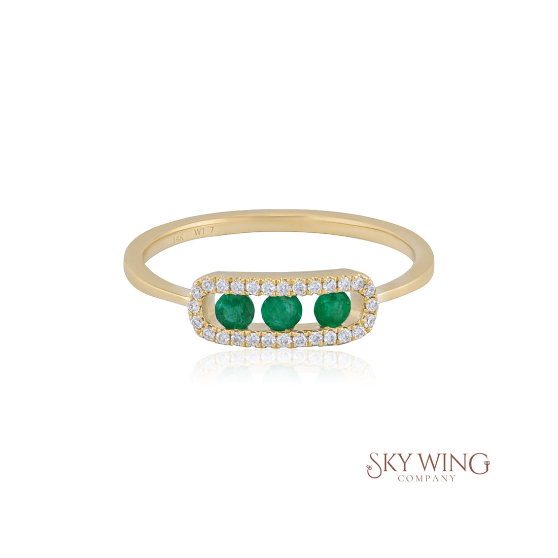 ROUND EMERALD AND DIAMOND 3 STONE BAR RING