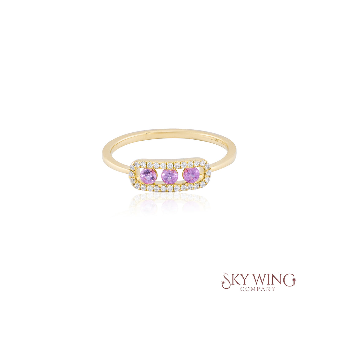 ROUND PINK SAPPHIRE AND DIAMOND 3 STONE BAR RING