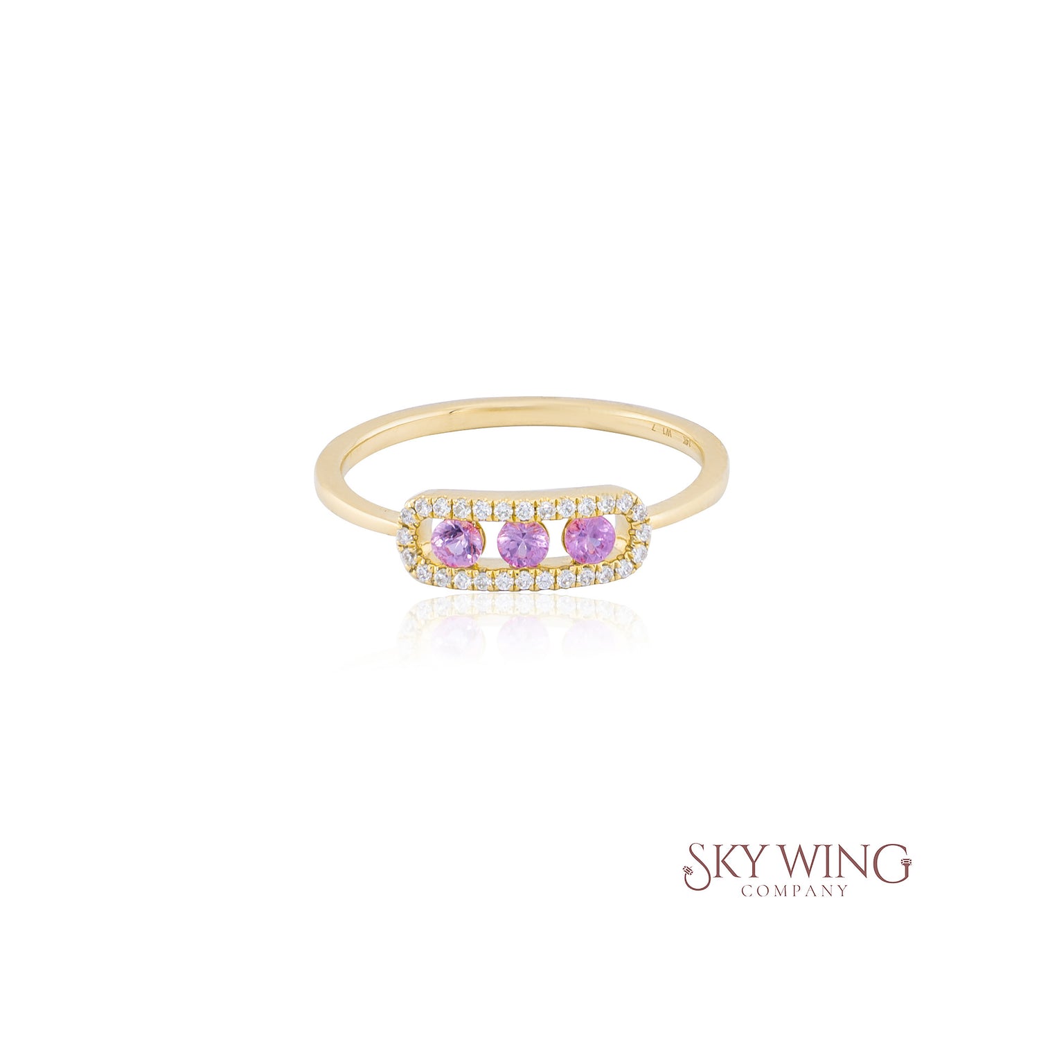 ROUND PINK SAPPHIRE AND DIAMOND 3 STONE BAR RING