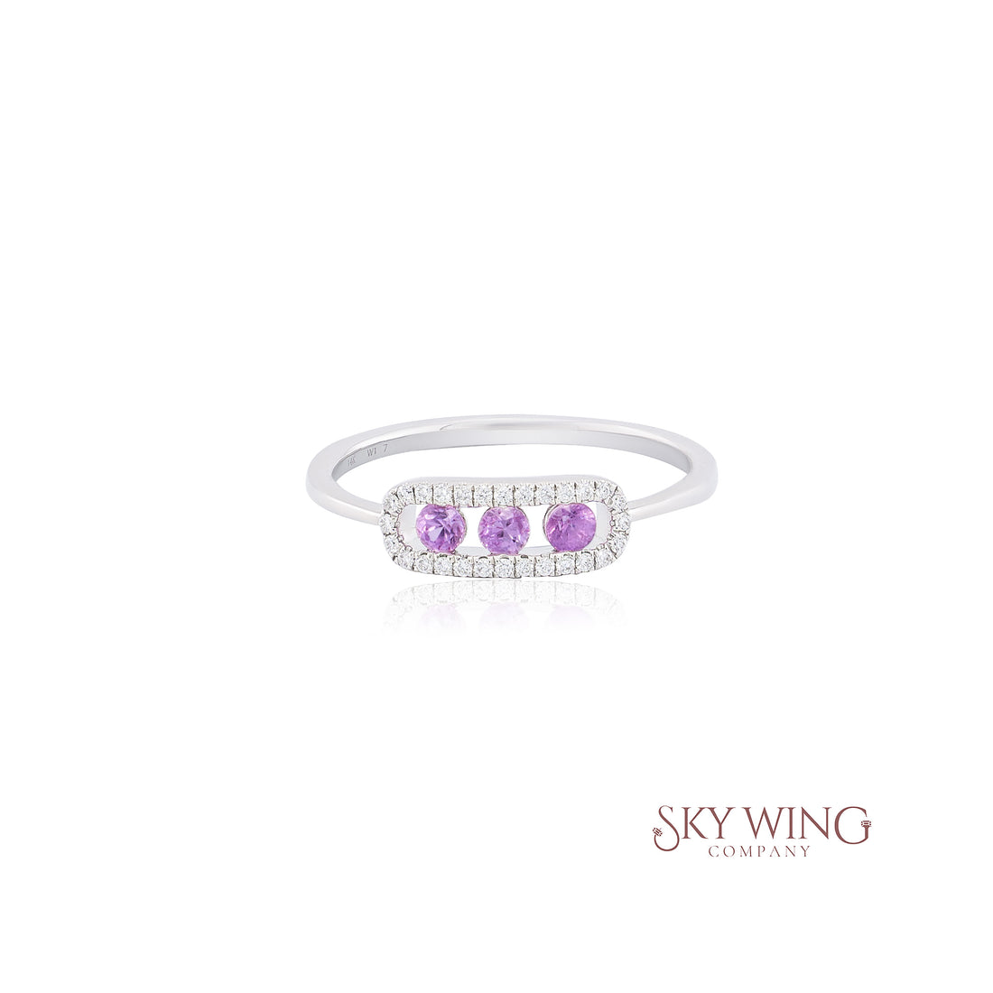 ROUND PINK SAPPHIRE AND DIAMOND 3 STONE BAR RING