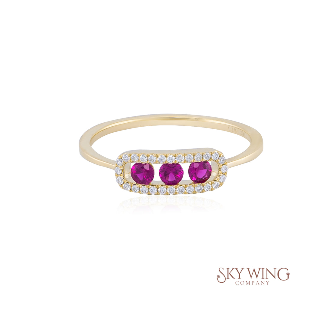 ROUND RUBY AND DIAMOND 3 STONE BAR RING