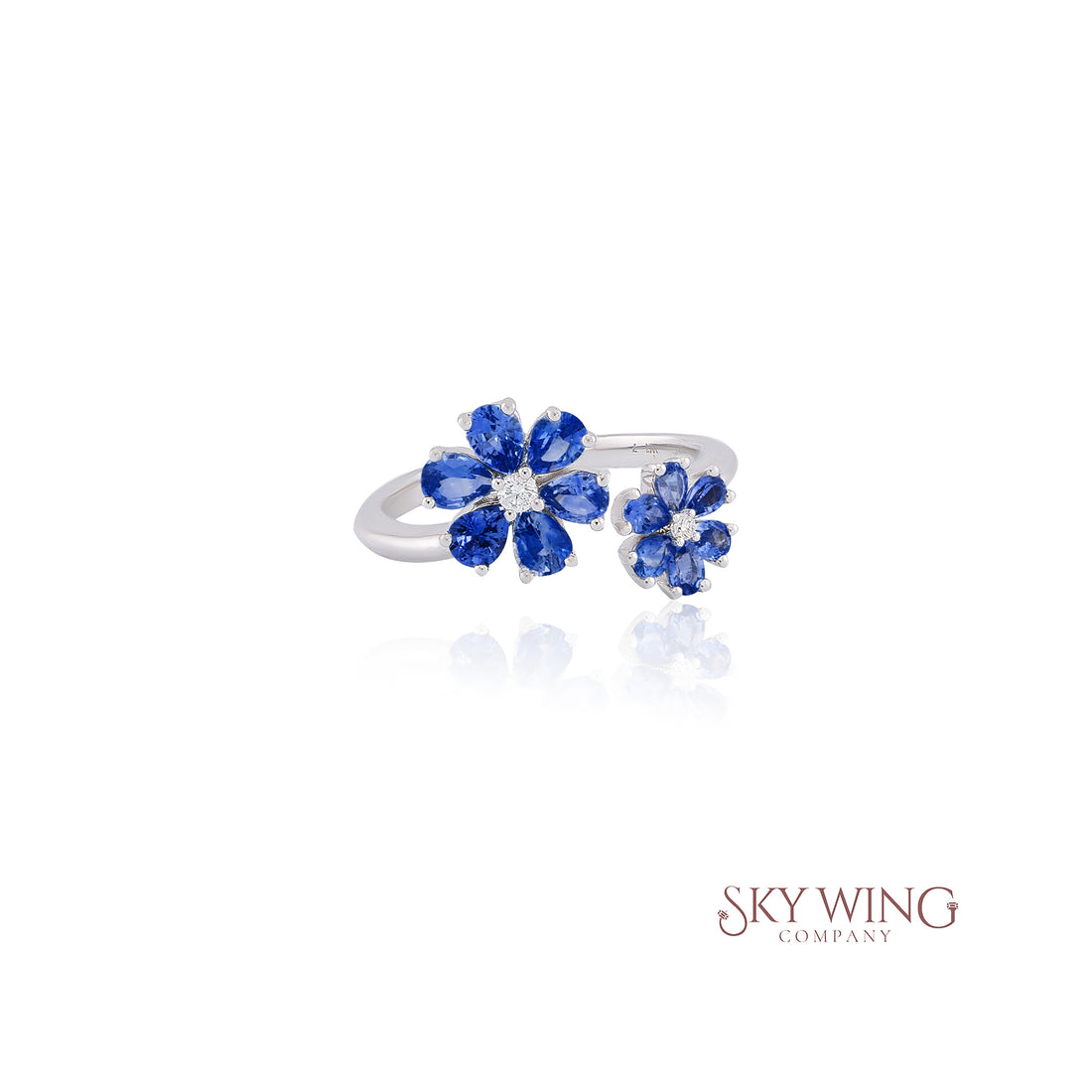 OVAL BLUE SAPPHIRE &amp; DIAMOND ROUND 2 FLOWER STATEMENT RING
