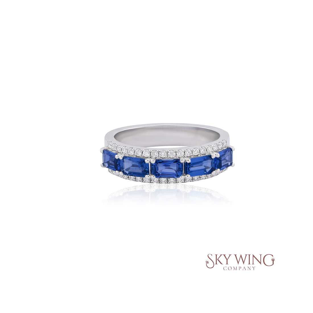 OCTAGON BLUE SAPPHIRE AND ROUND DIAMOND FANCY BAND RING
