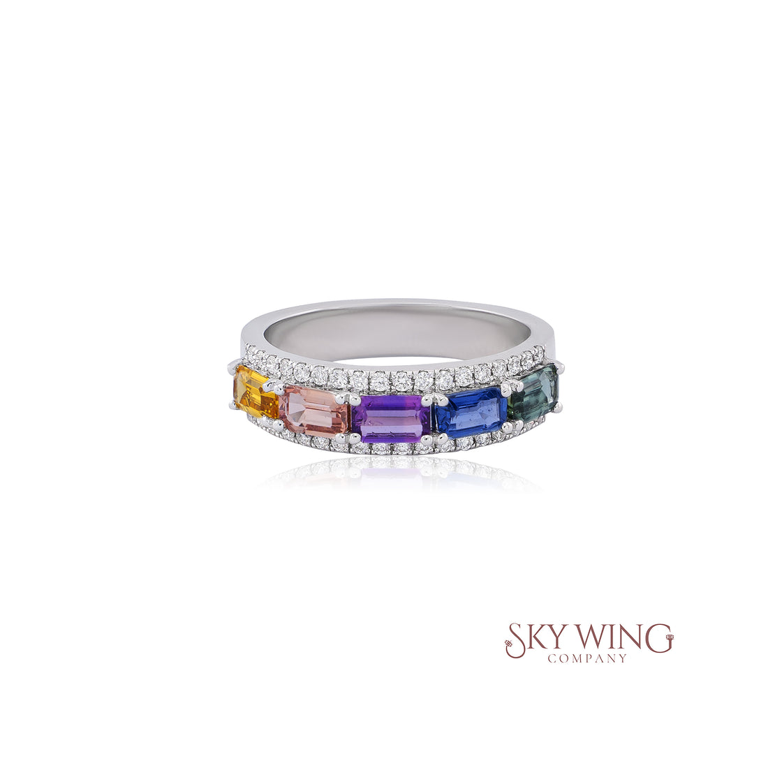 OCTAGON MULTI SAPPHIRE AND ROUND DIAMOND FANCY BAND RING