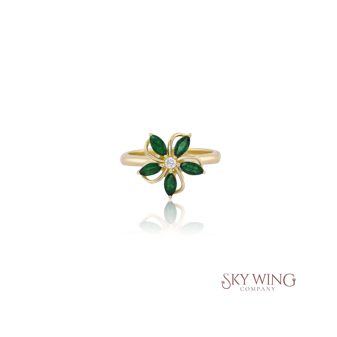 ROUND DIAMOND &amp; MARQUISE EMERALD FLOWER RING