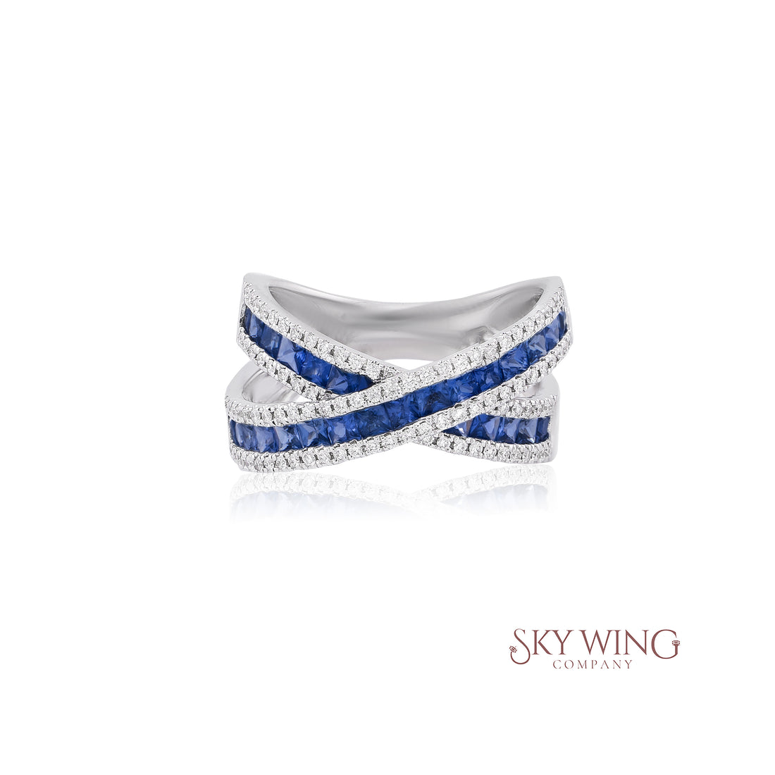 PRINCESS CUT BLUE SAPPHIRE &amp; ROUND DIAMOND CROSSOVER RING