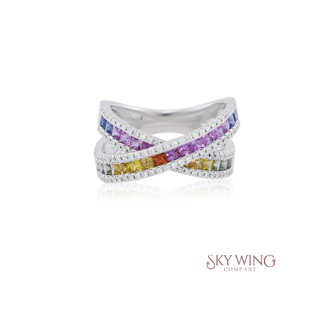 PRINCESS CUT MULTI SAPPHIRE &amp; ROUND DIAMOND CROSSOVER RING