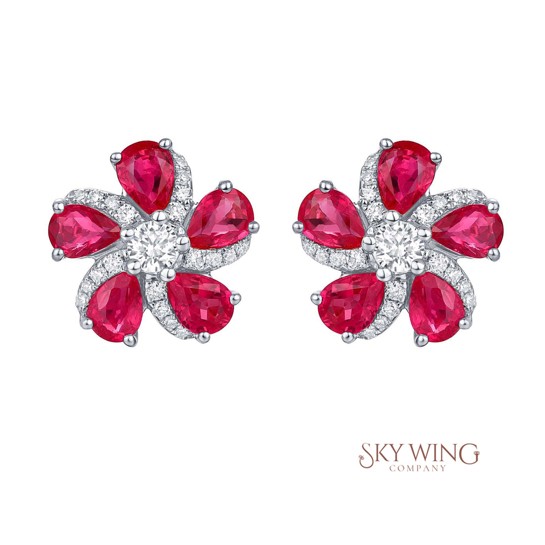 DIAMOND AND RUBY PEAR SHAPED FLOWER EARRING