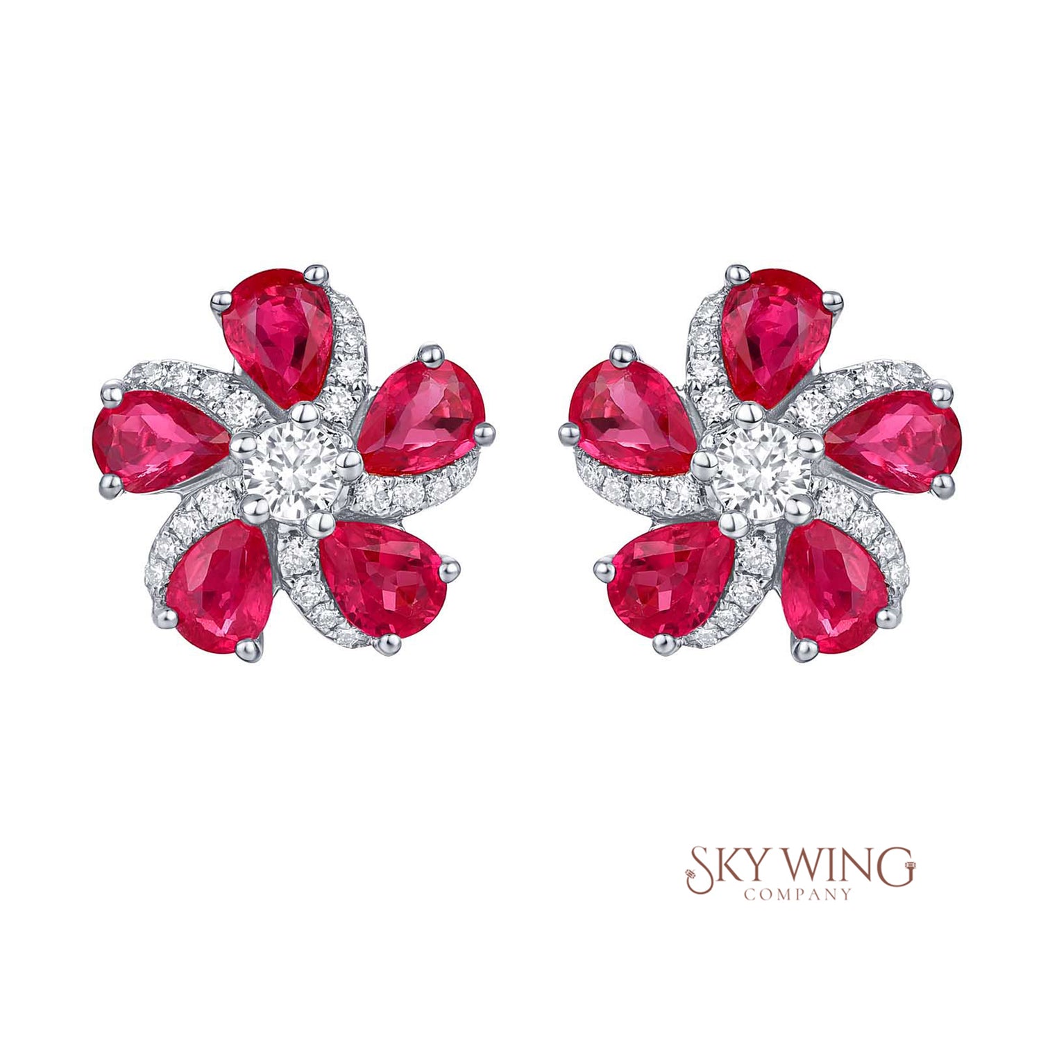 DIAMOND AND RUBY PEAR SHAPED FLOWER EARRING